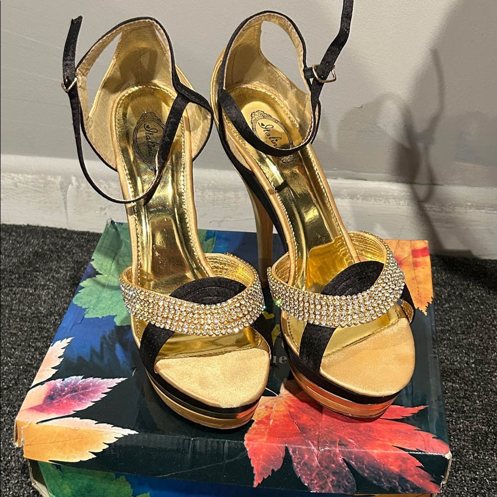 Shoe Dazzle Black and Gold Heels with Rhinestones